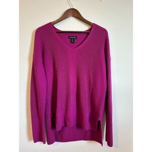 Rachel Zoe Sweater Womens L Pink Cotton Blend Ribbed  V Neck Buttons High Low